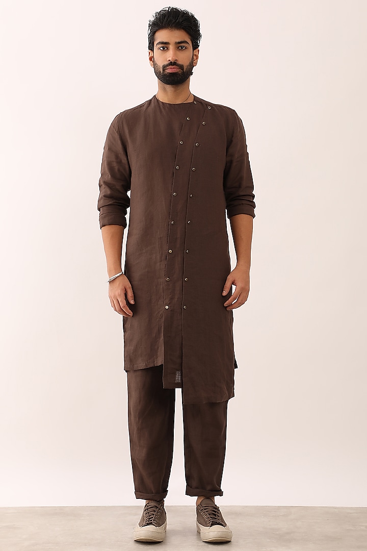 Brown Linen Asymmetric Kurta Set by Son Of A Noble SNOB Men