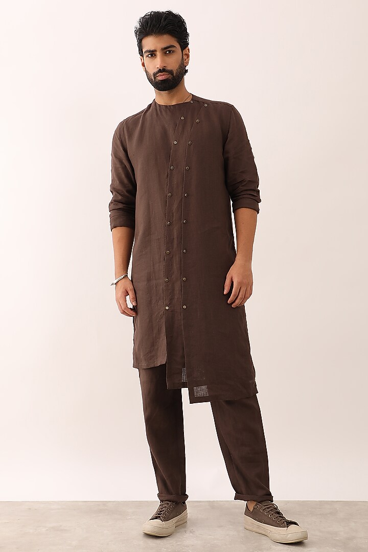 Brown Linen Asymmetric Kurta Set by Son Of A Noble SNOB Men at Pernia's Pop Up Shop