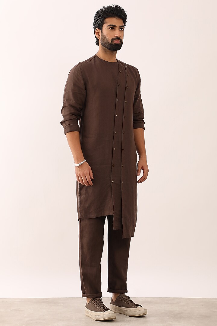 Brown Linen Asymmetric Kurta Set by Son Of A Noble SNOB Men at Pernia's Pop Up Shop