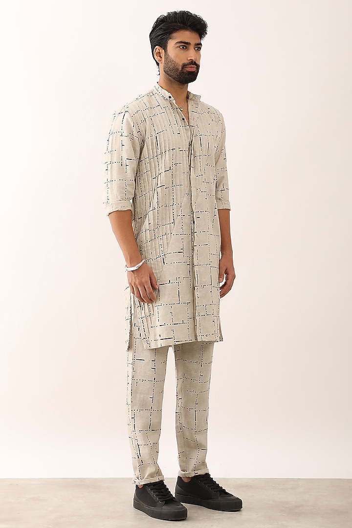 Ivory Linen Printed Kurta Set by Son Of A Noble SNOB Men at Pernia's Pop Up Shop