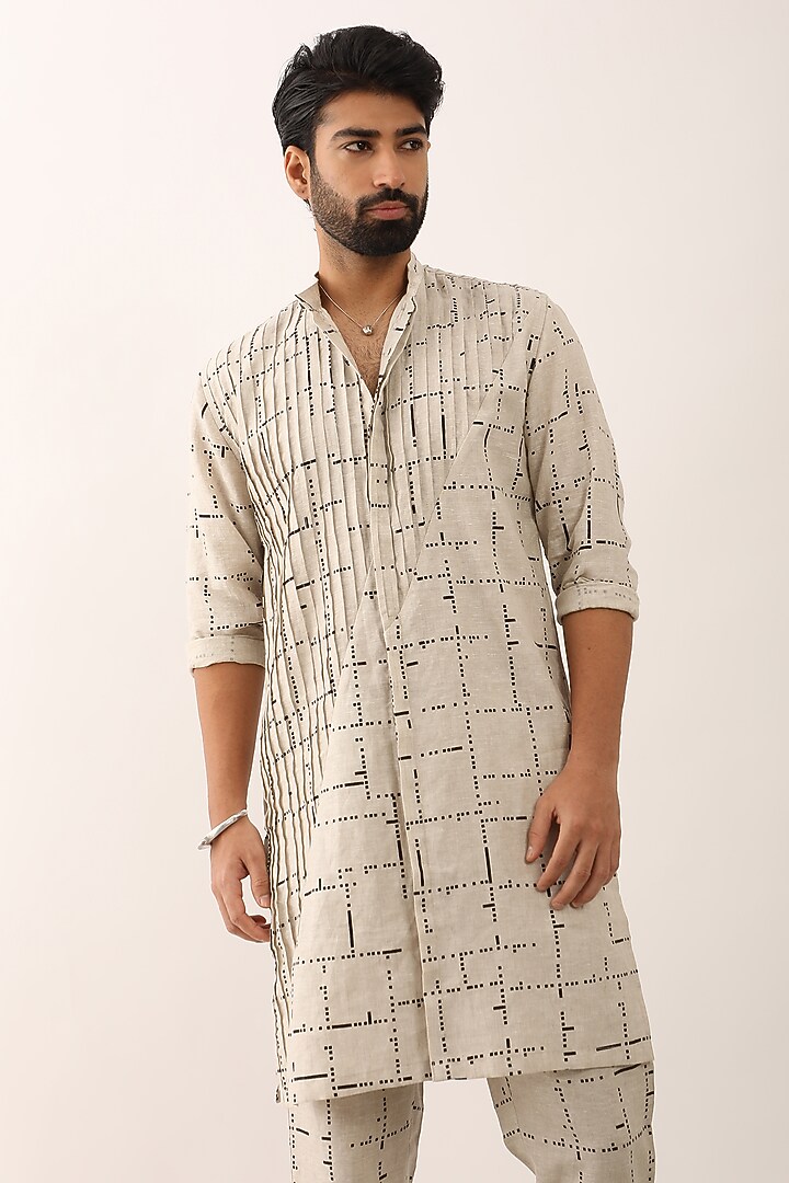 Ivory Linen Printed Kurta Set by Son Of A Noble SNOB Men at Pernia's Pop Up Shop