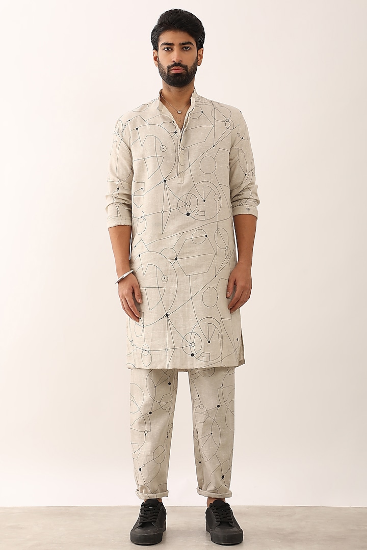 Ivory Linen Printed Kurta Set by Son Of A Noble SNOB Men