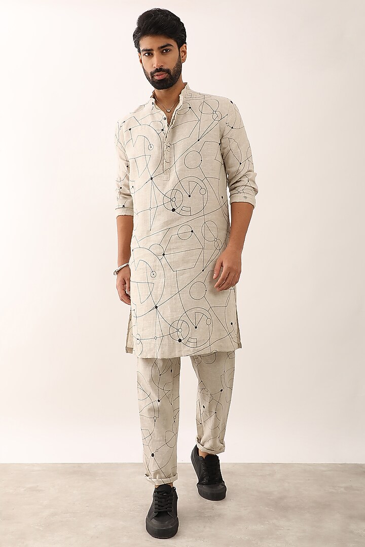 Ivory Linen Printed Kurta Set by Son Of A Noble SNOB Men at Pernia's Pop Up Shop