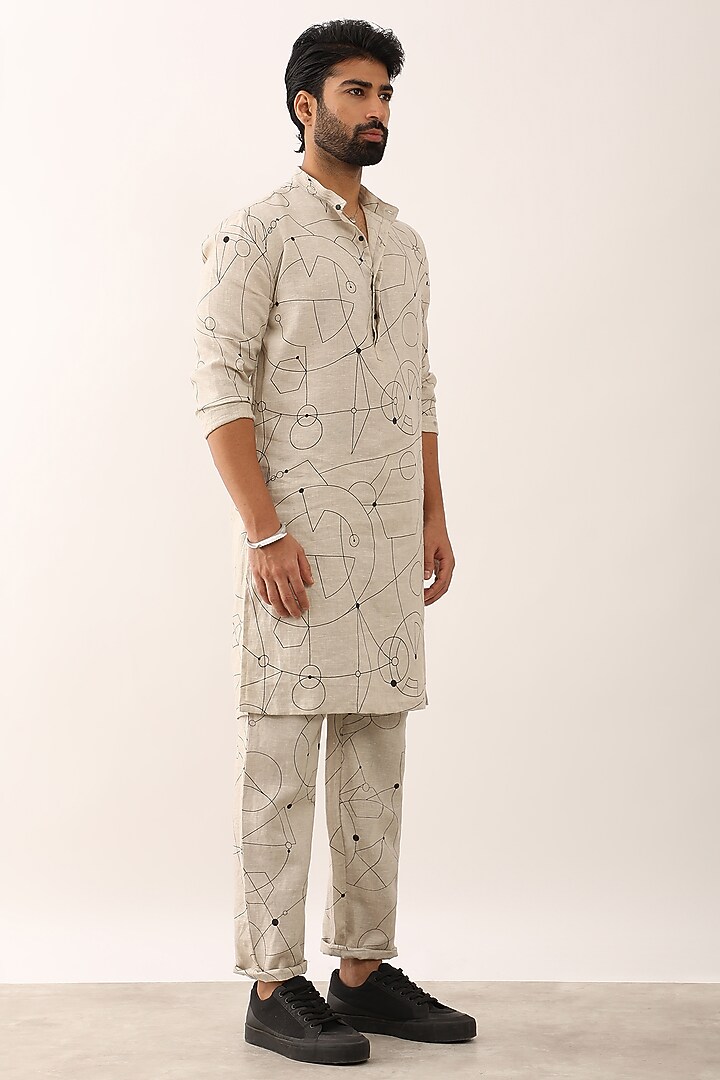 Ivory Linen Printed Kurta Set by Son Of A Noble SNOB Men at Pernia's Pop Up Shop