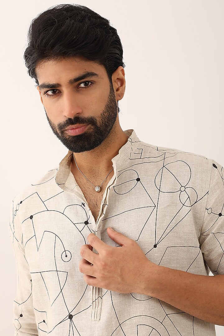 Ivory Linen Printed Kurta Set by Son Of A Noble SNOB Men at Pernia's Pop Up Shop