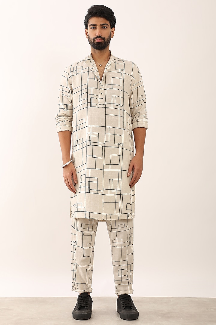 Ivory Linen Printed Kurta Set by Son Of A Noble SNOB Men