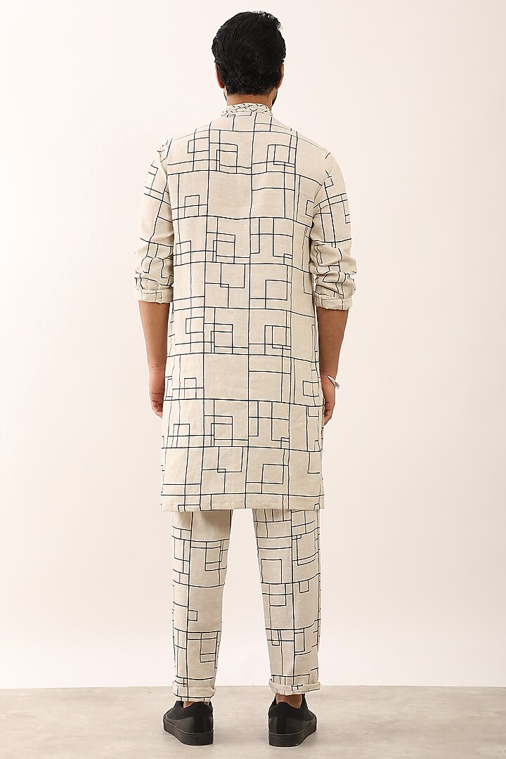 Ivory Linen Printed Kurta Set by Son Of A Noble SNOB Men at Pernia's Pop Up Shop