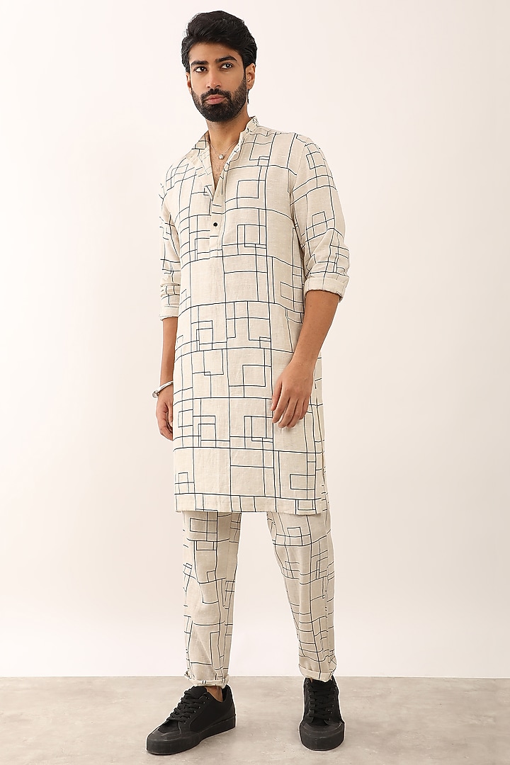 Ivory Linen Printed Kurta Set by Son Of A Noble SNOB Men at Pernia's Pop Up Shop