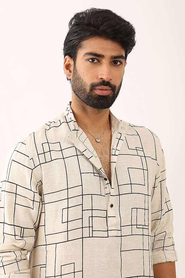 Ivory Linen Printed Kurta Set by Son Of A Noble SNOB Men at Pernia's Pop Up Shop