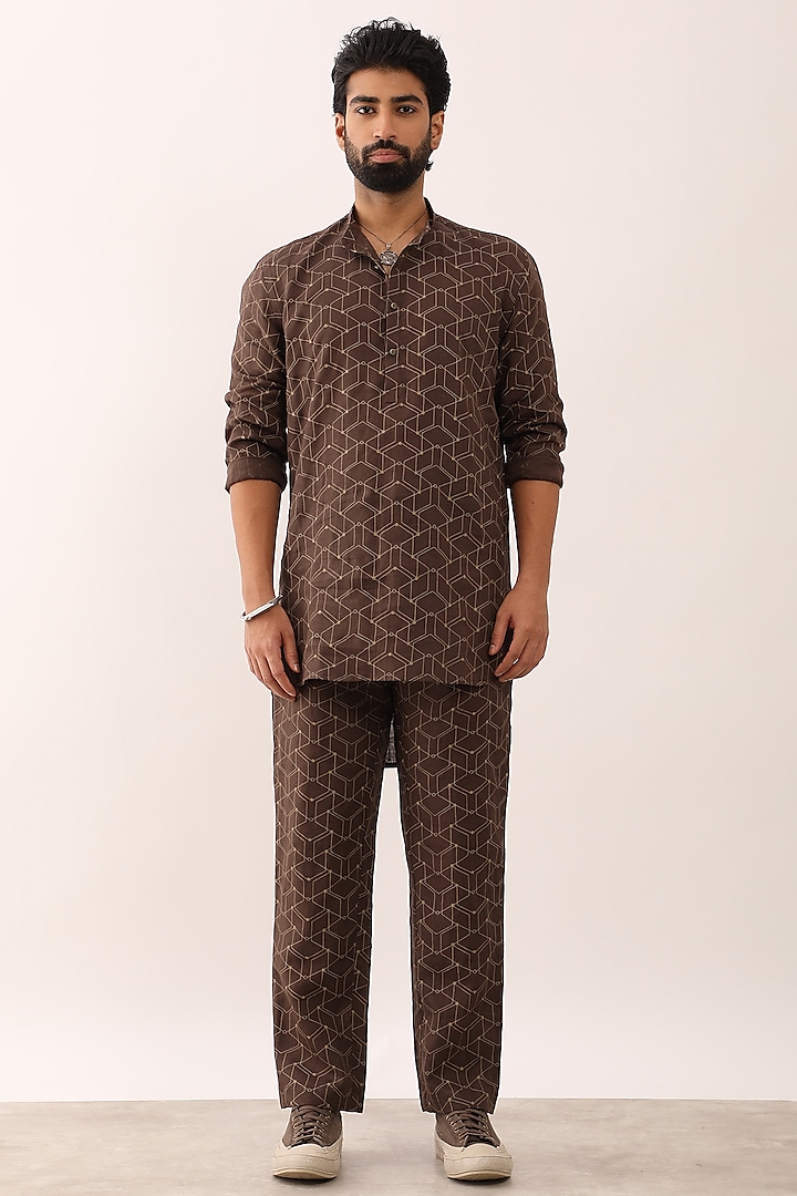 Brown Linen Printed Kurta Set by Son Of A Noble SNOB Men