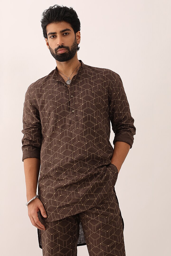 Brown Linen Printed Kurta Set by Son Of A Noble SNOB Men at Pernia's Pop Up Shop