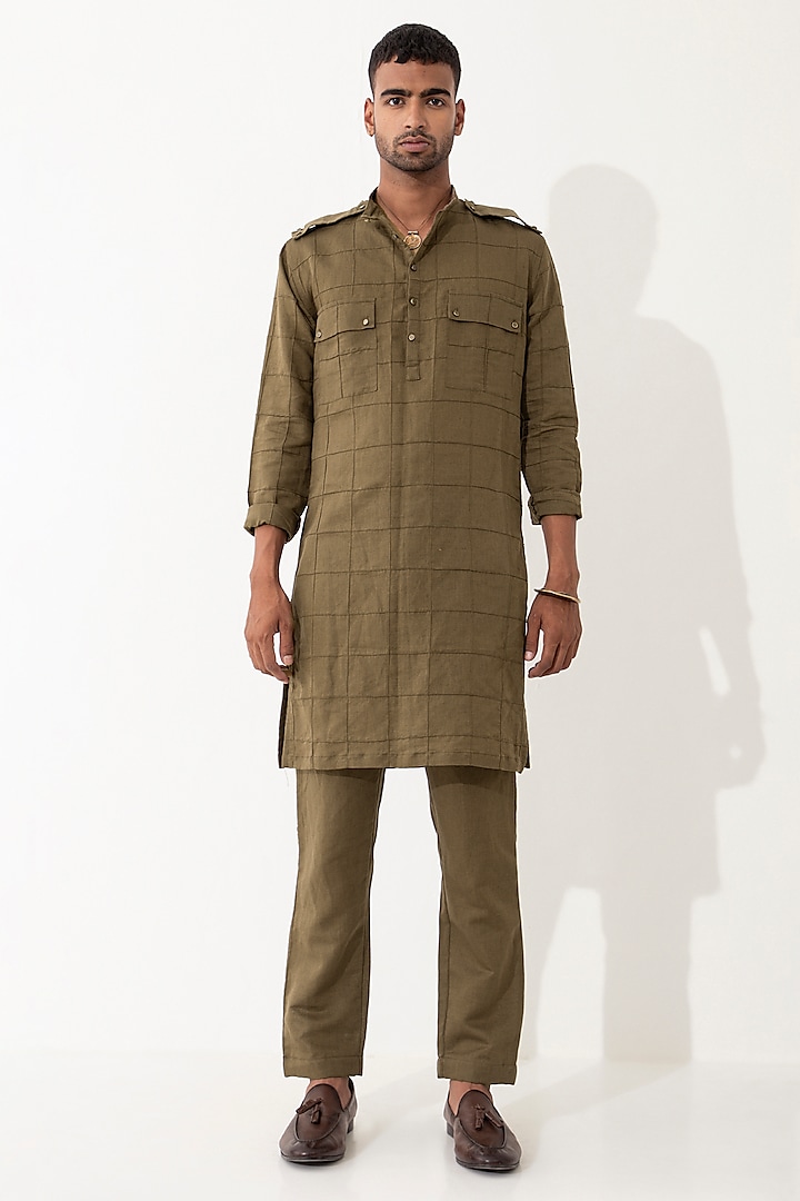 Brown Linen Kurta Set by Son Of A Noble SNOB Men