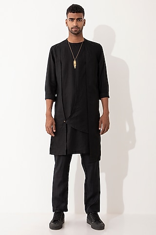 Black Linen Paneled Kurta Set by Son Of A Noble SNOB Men