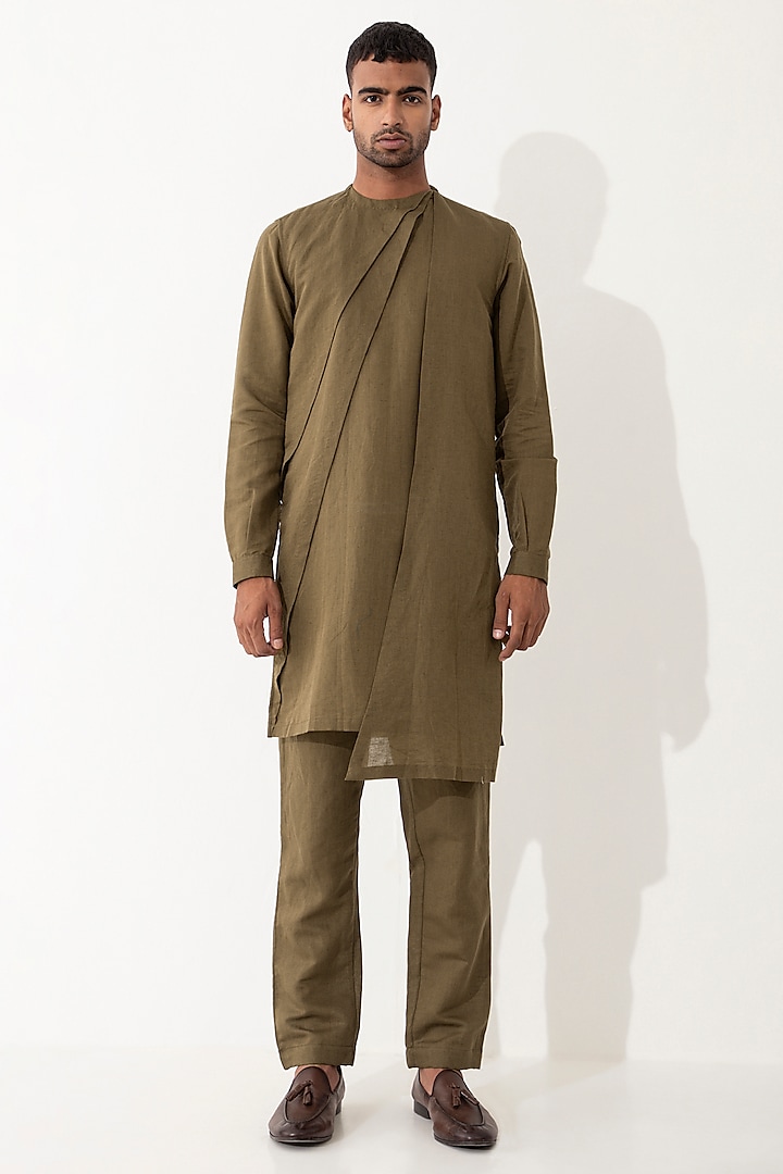 Brown Linen Paneled Kurta Set by Son Of A Noble SNOB Men