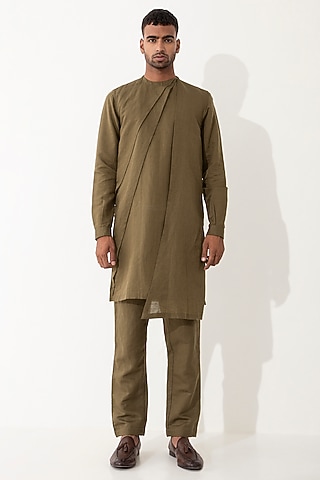 Brown Linen Paneled Kurta Set by Son Of A Noble SNOB Men
