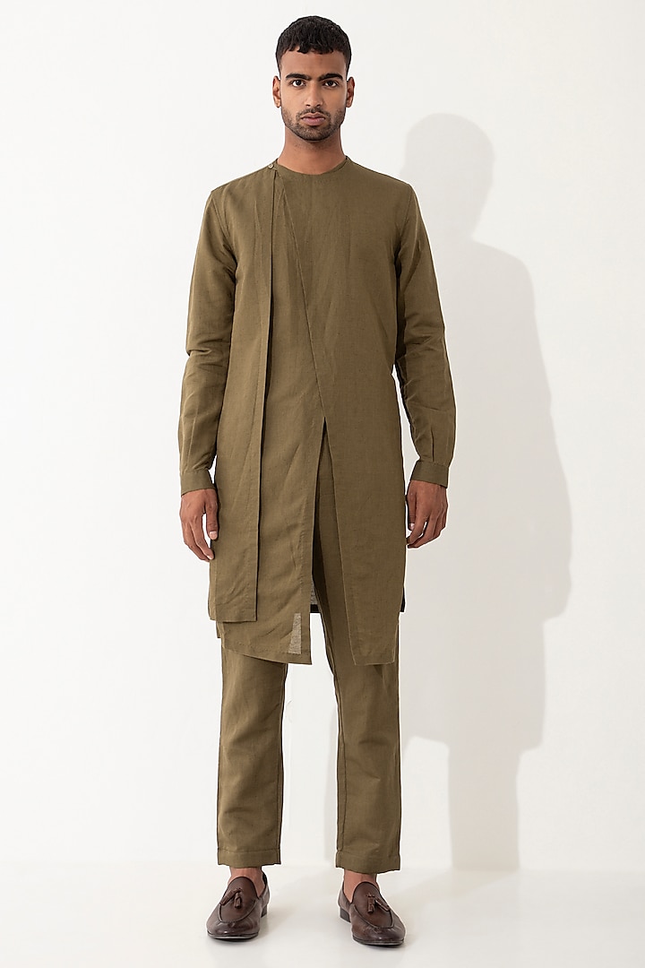 Brown Linen Paneled Kurta Set by Son Of A Noble SNOB Men