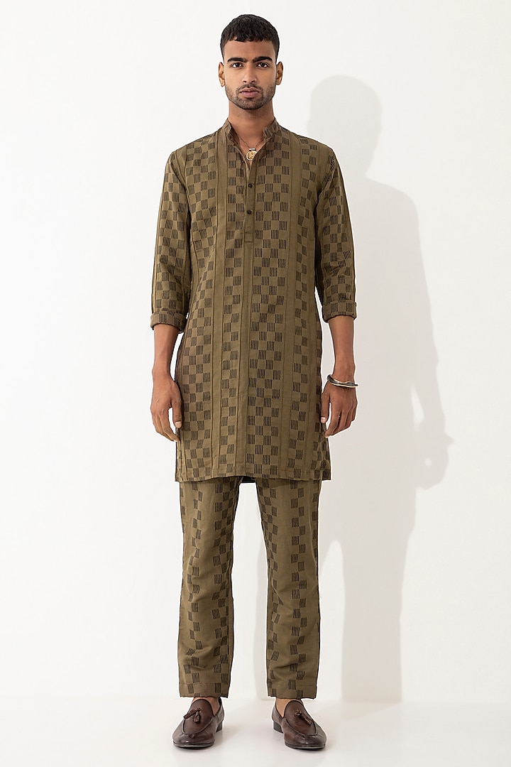 Brown Linen Printed Kurta Set by Son Of A Noble SNOB Men