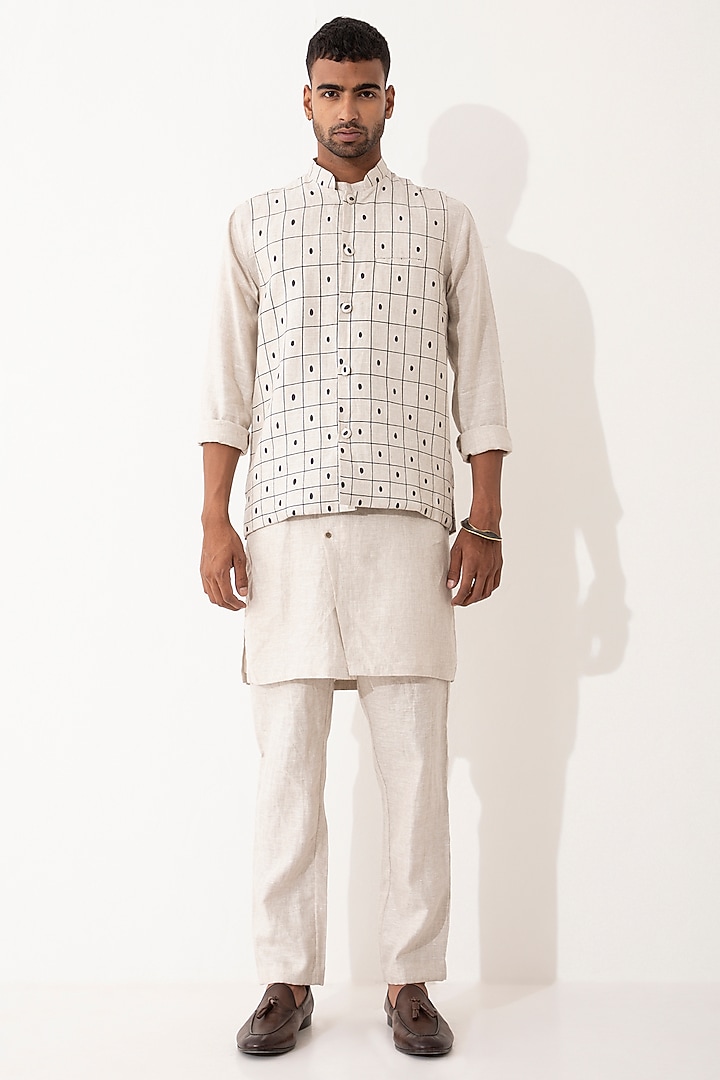 Ivory Linen Printed Bundi Set by Son Of A Noble SNOB Men at Pernia's Pop Up Shop