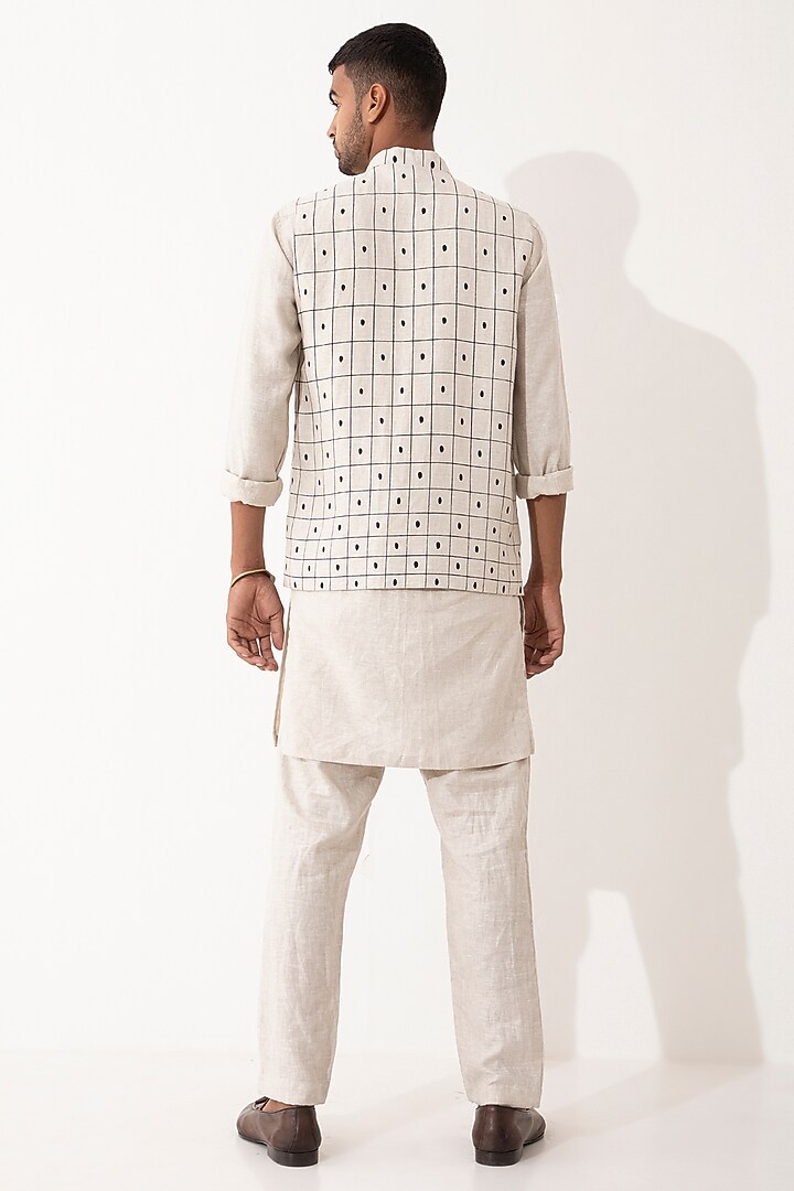 Ivory Linen Printed Bundi Set by Son Of A Noble SNOB Men at Pernia's Pop Up Shop