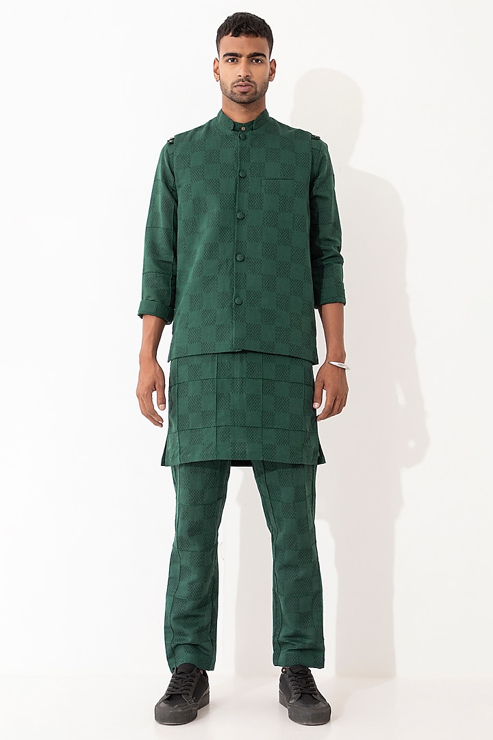 Green Linen Printed Bundi Set by Son Of A Noble SNOB Men