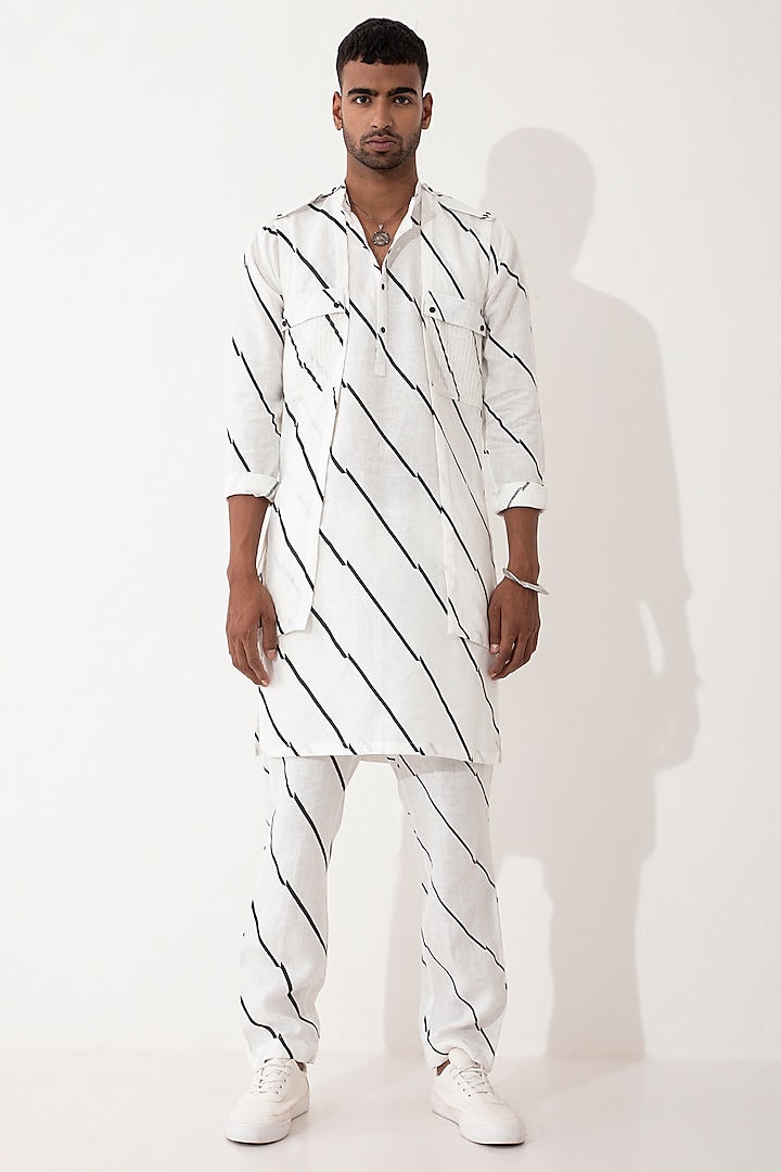 White Linen Printed Bundi Set by Son Of A Noble SNOB Men