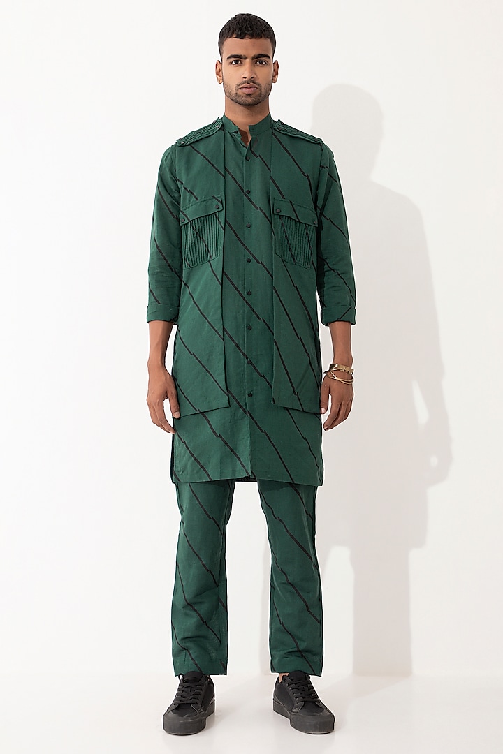 Green Linen Printed Bundi Set by Son Of A Noble SNOB Men