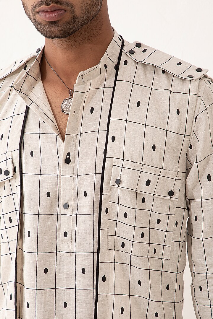 Ivory Linen Printed Bundi Set by Son Of A Noble SNOB Men at Pernia's Pop Up Shop