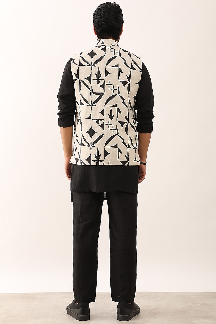 Ivory Linen Printed Bundi Jacket Set by Son Of A Noble SNOB Men at Pernia's Pop Up Shop