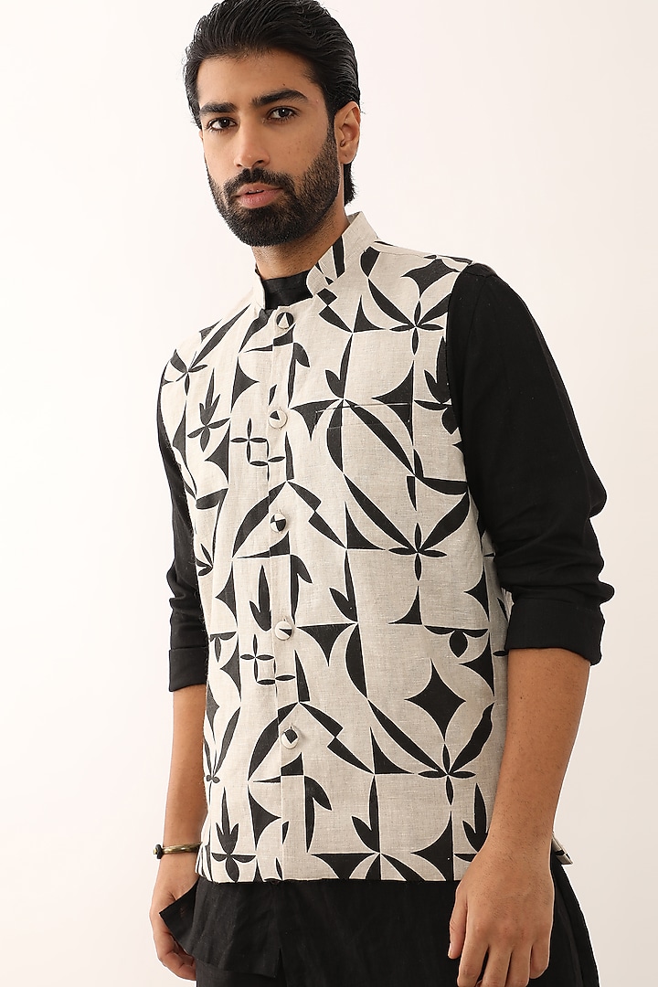 Ivory Linen Printed Bundi Jacket Set by Son Of A Noble SNOB Men at Pernia's Pop Up Shop
