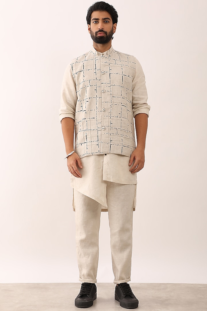 Ivory Linen Printed Bundi Jacket Set by Son Of A Noble SNOB Men