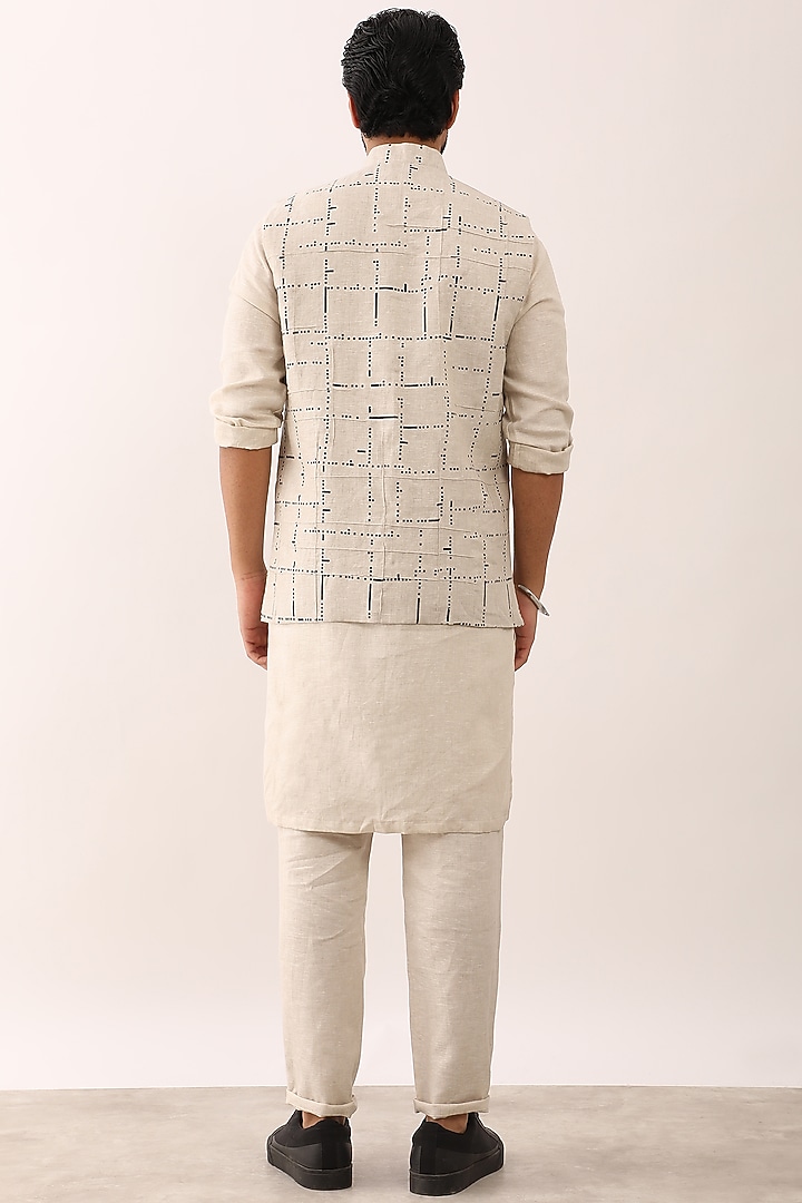 Ivory Linen Printed Bundi Jacket Set by Son Of A Noble SNOB Men at Pernia's Pop Up Shop