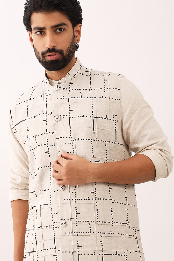 Ivory Linen Printed Bundi Jacket Set by Son Of A Noble SNOB Men at Pernia's Pop Up Shop