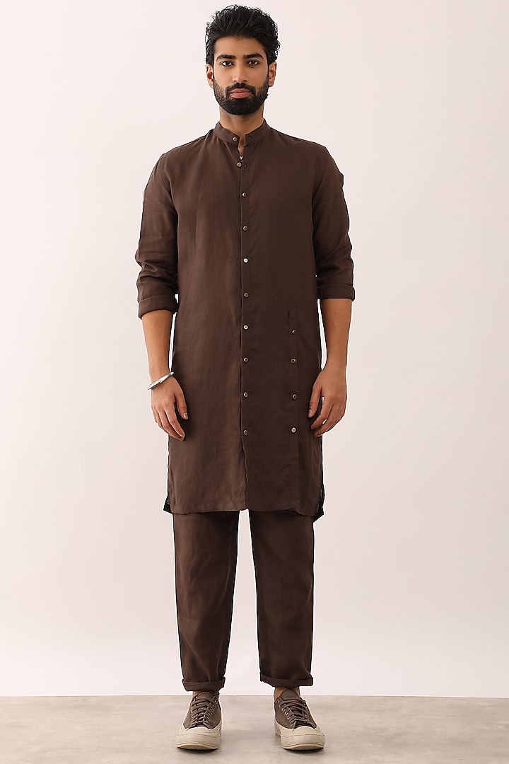 Brown Linen Kurta Set by Son Of A Noble SNOB Men