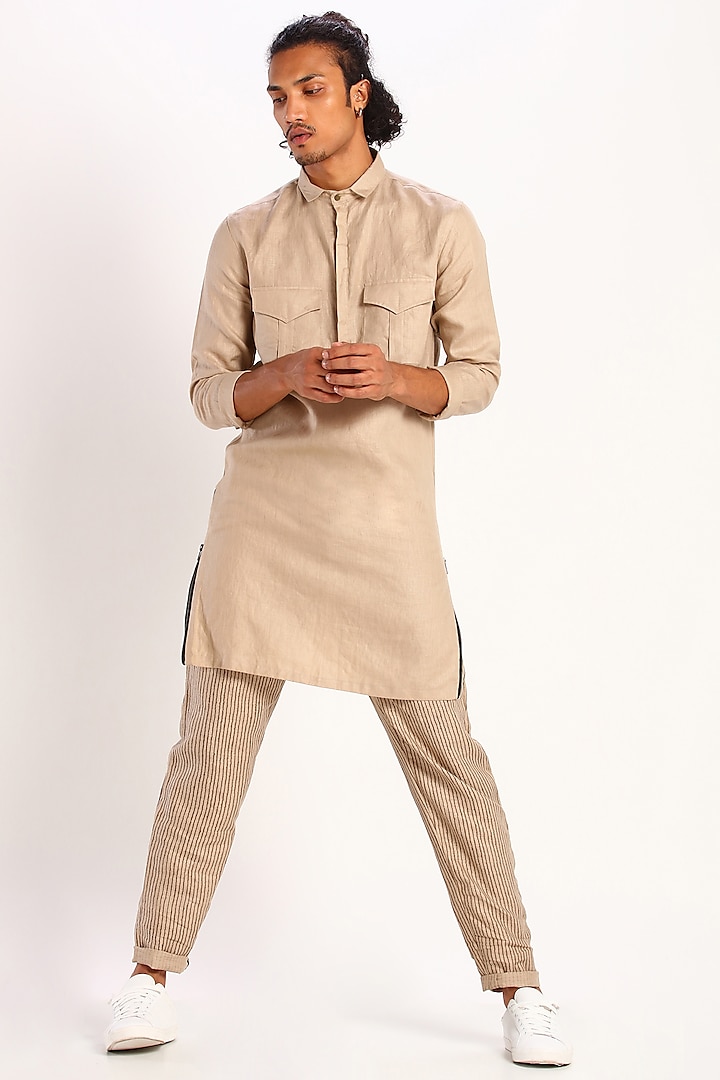 Beige Constructed Kurta With Pockets by Son Of A Noble SNOB