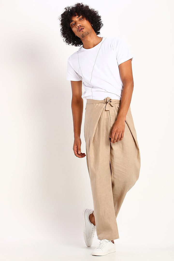 Beige Linen Trousers With Tie-Up by Son Of A Noble SNOB