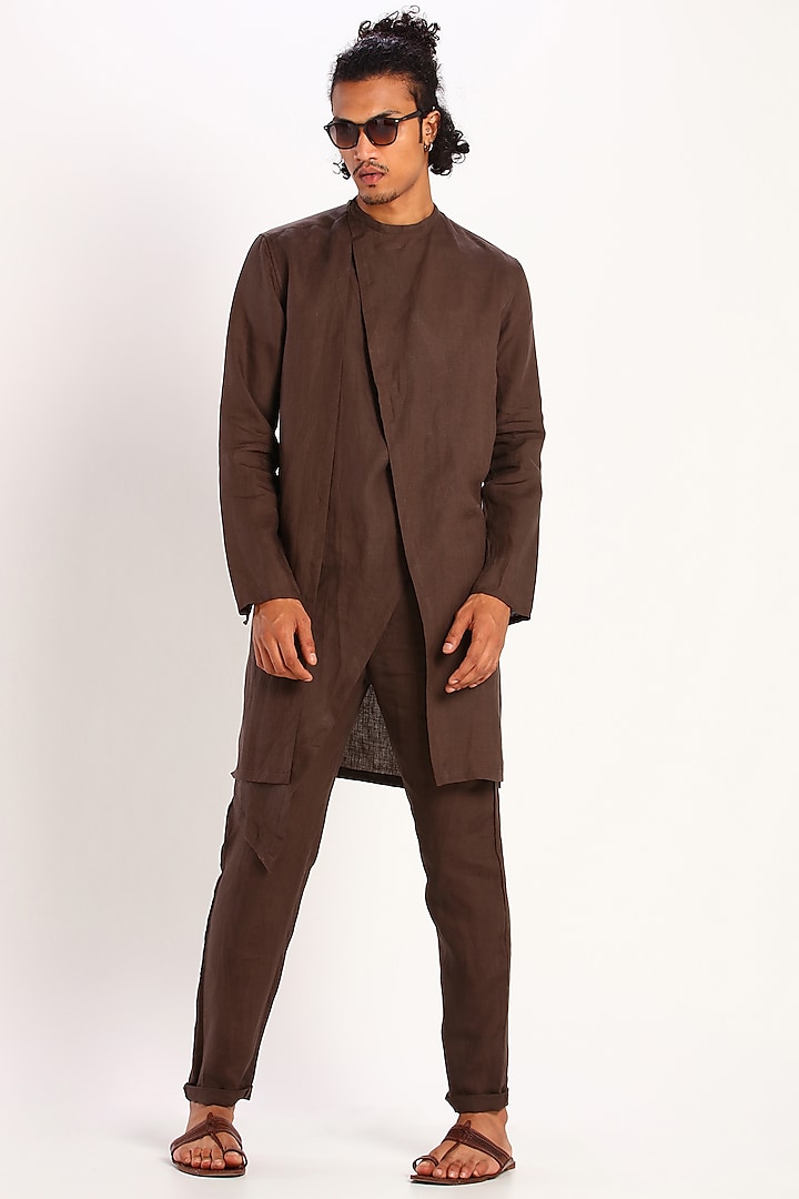 Brown Draped Linen Kurta by Son Of A Noble SNOB