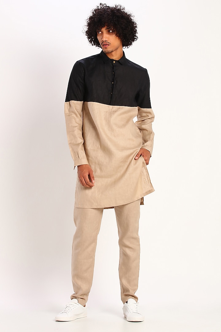 Black & Beige Color Blocked Kurta by Son Of A Noble SNOB at Pernia's Pop Up Shop