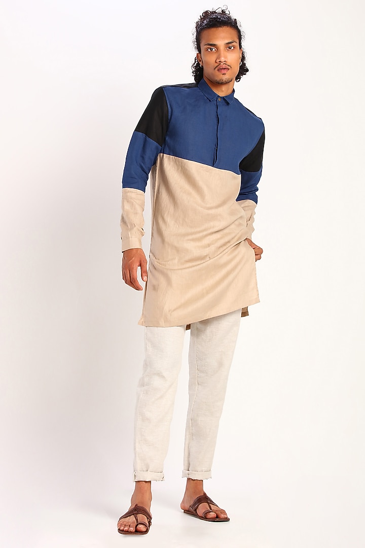 Multi Colored Linen Kurta With Color Blocking by Son Of A Noble SNOB at Pernia's Pop Up Shop