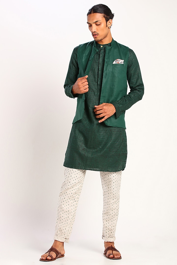 Green Linen Bundi Waistcoat by Son Of A Noble SNOB