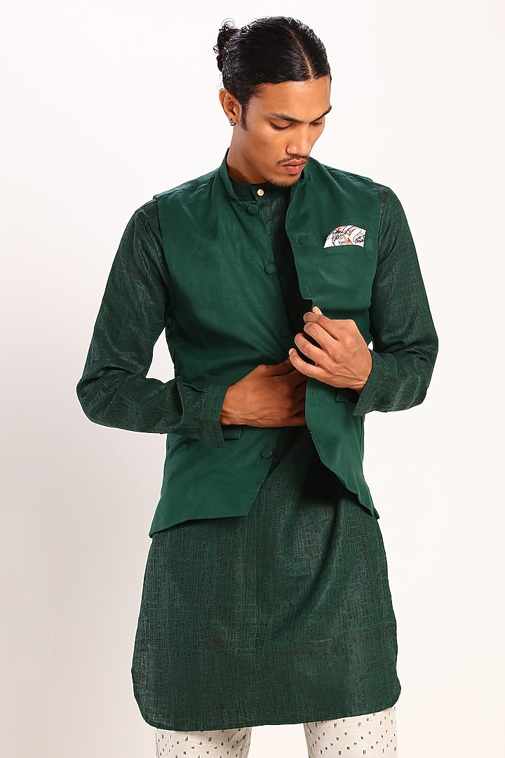 Green Linen Bundi Waistcoat by Son Of A Noble SNOB at Pernia's Pop Up Shop