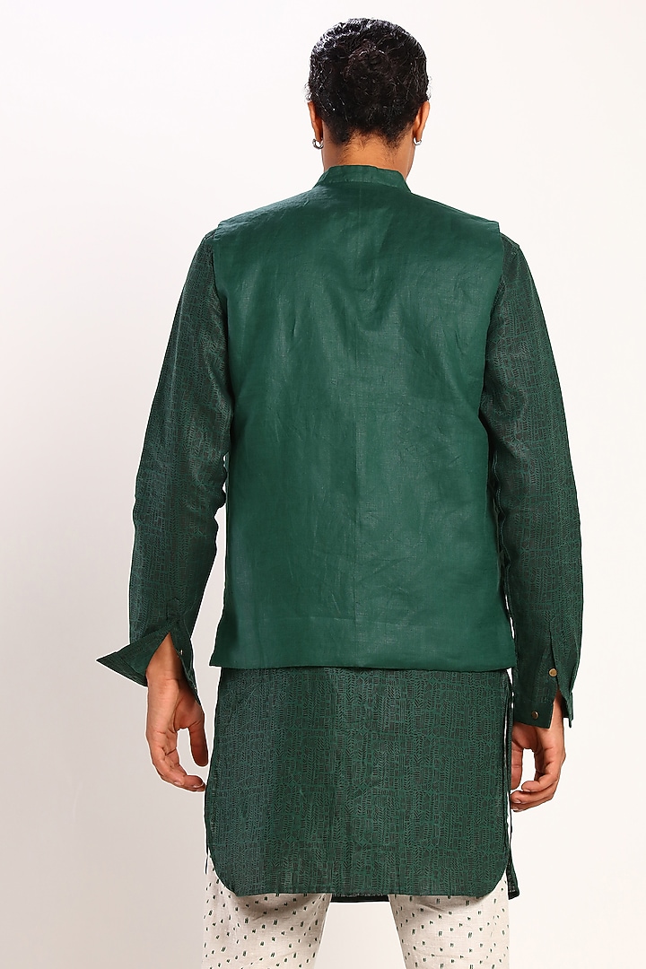 Green Linen Bundi Waistcoat by Son Of A Noble SNOB at Pernia's Pop Up Shop