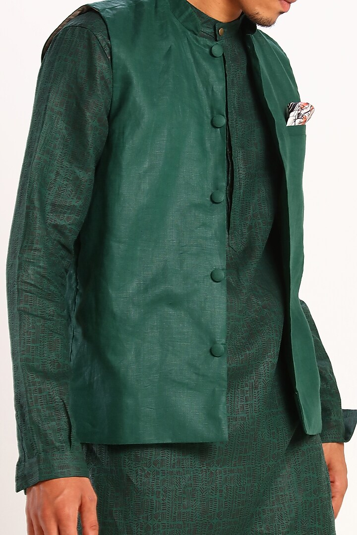 Green Linen Bundi Waistcoat by Son Of A Noble SNOB at Pernia's Pop Up Shop