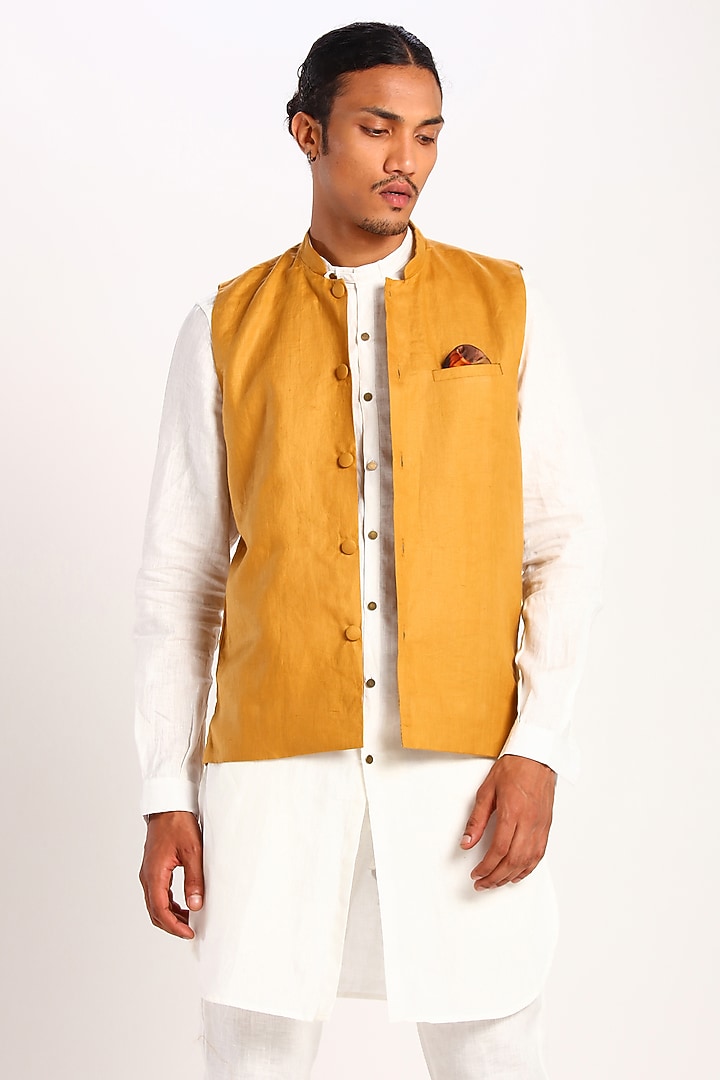 Mustard Linen Bundi Waistcoat by Son Of A Noble SNOB at Pernia's Pop Up Shop