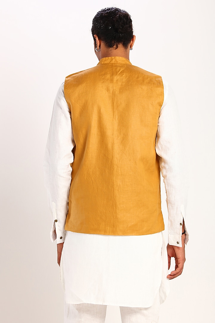 Mustard Linen Bundi Waistcoat by Son Of A Noble SNOB at Pernia's Pop Up Shop