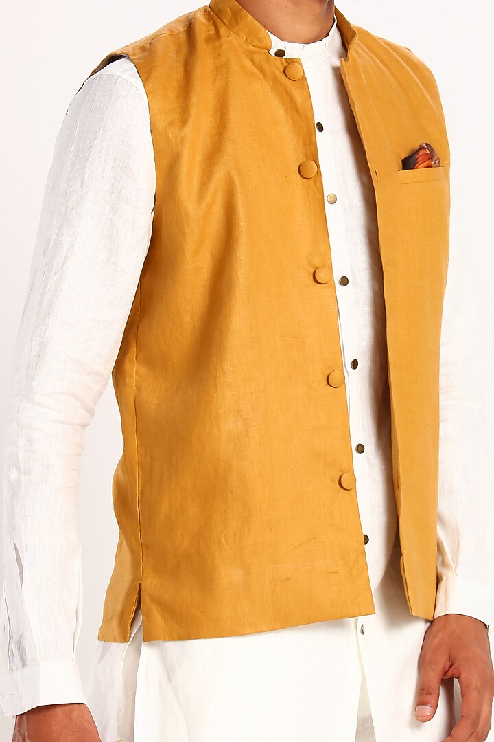 Mustard Linen Bundi Waistcoat by Son Of A Noble SNOB at Pernia's Pop Up Shop
