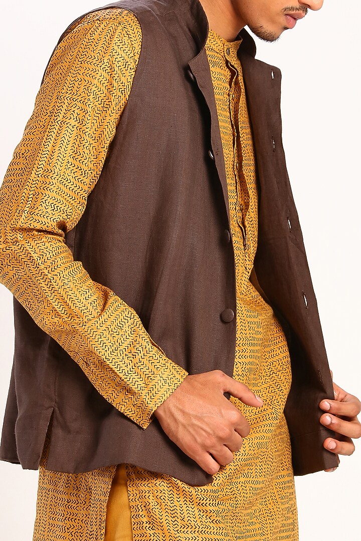Brown Linen Bundi Waistcoat by Son Of A Noble SNOB at Pernia's Pop Up Shop