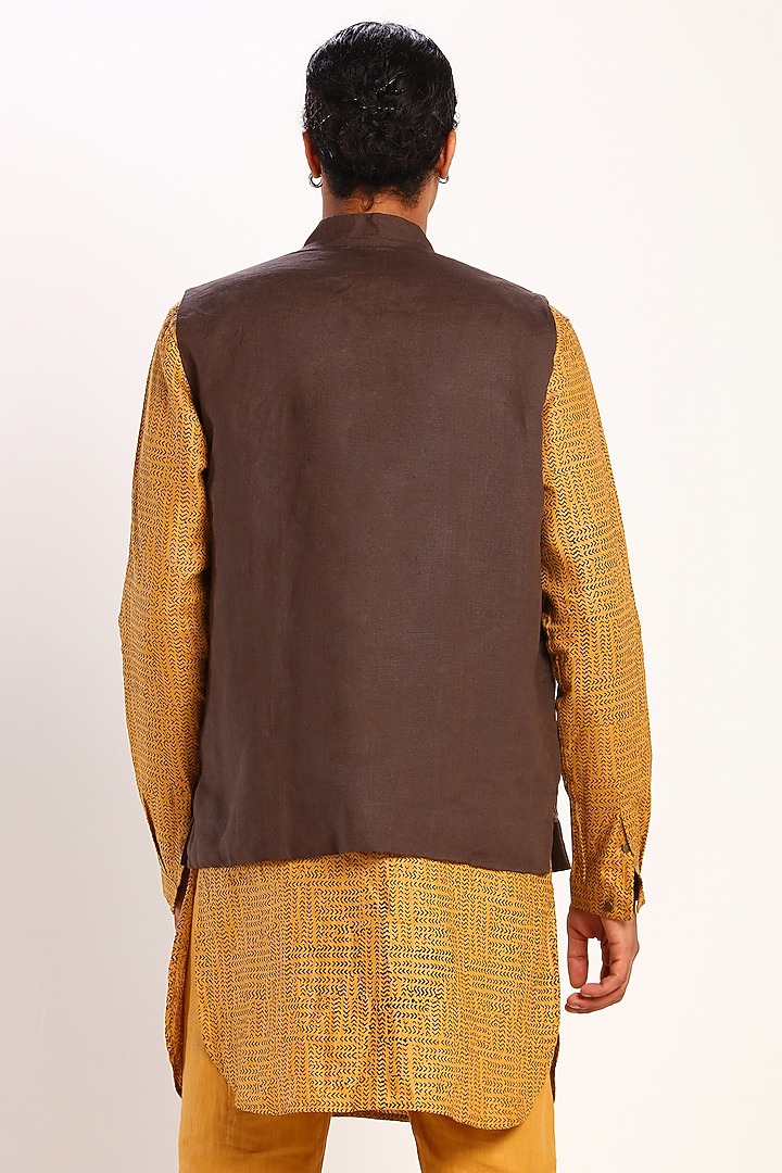 Brown Linen Bundi Waistcoat by Son Of A Noble SNOB at Pernia's Pop Up Shop