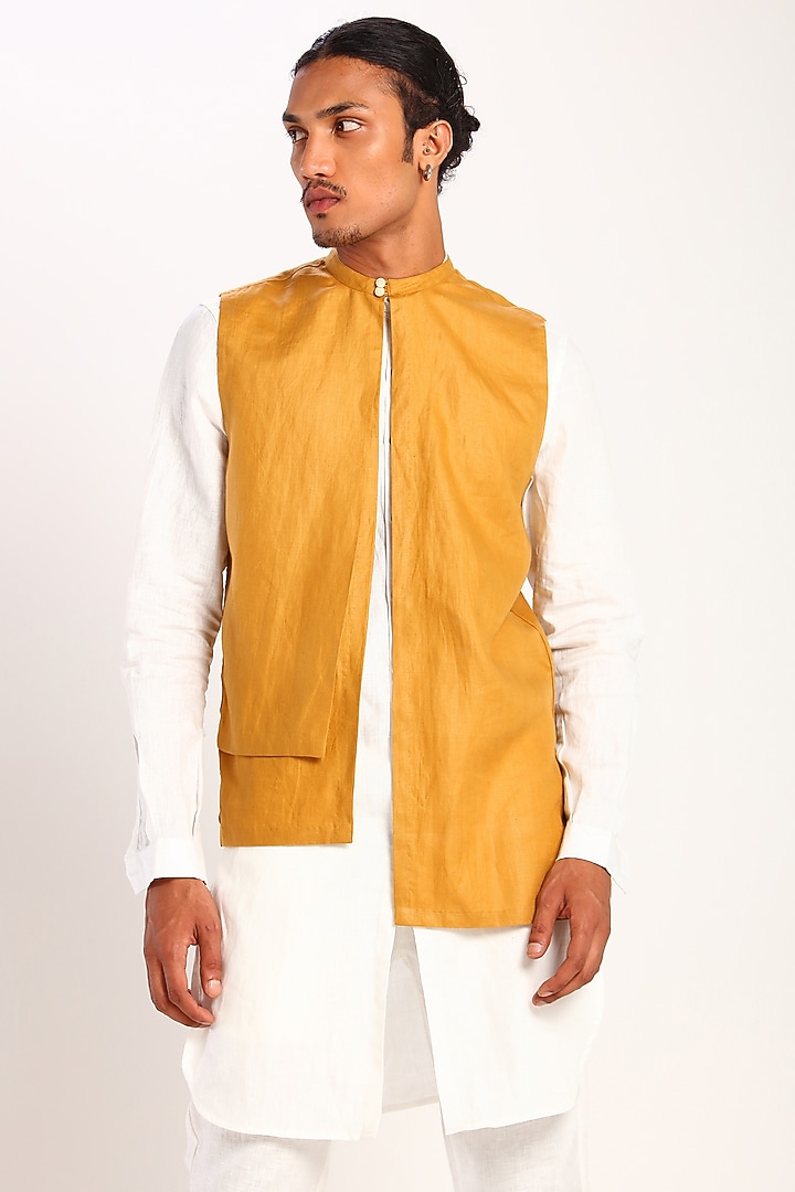 Mustard Asymmetric Bundi Waistcoat by Son Of A Noble SNOB at Pernia's Pop Up Shop