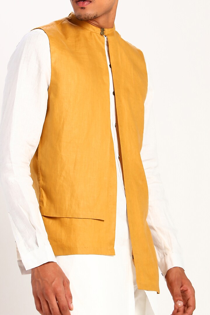 Mustard Asymmetric Bundi Waistcoat by Son Of A Noble SNOB at Pernia's Pop Up Shop