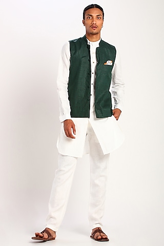 Green Printed Linen Waistcoat by Son Of A Noble SNOB